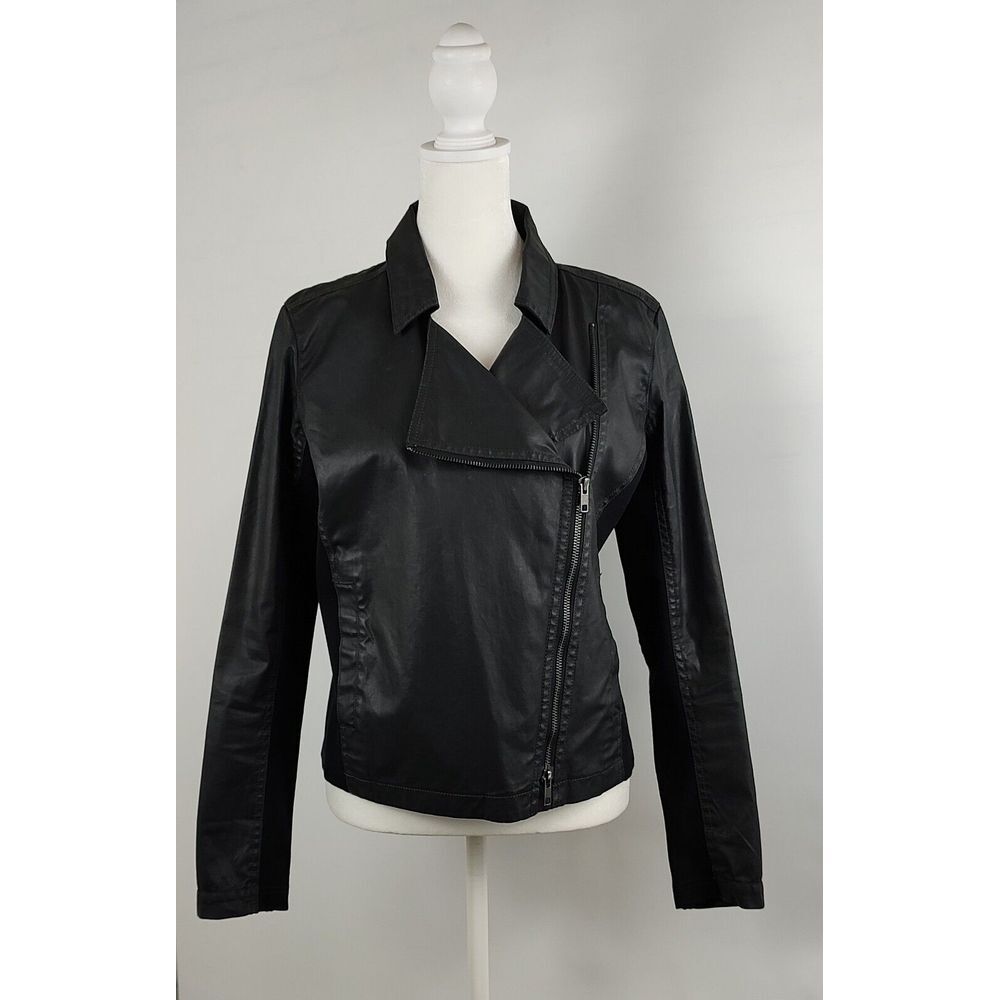 Eileen Fisher Womens Black Coated Cotton Moto Jacket Italian Fabric XS F4WST
